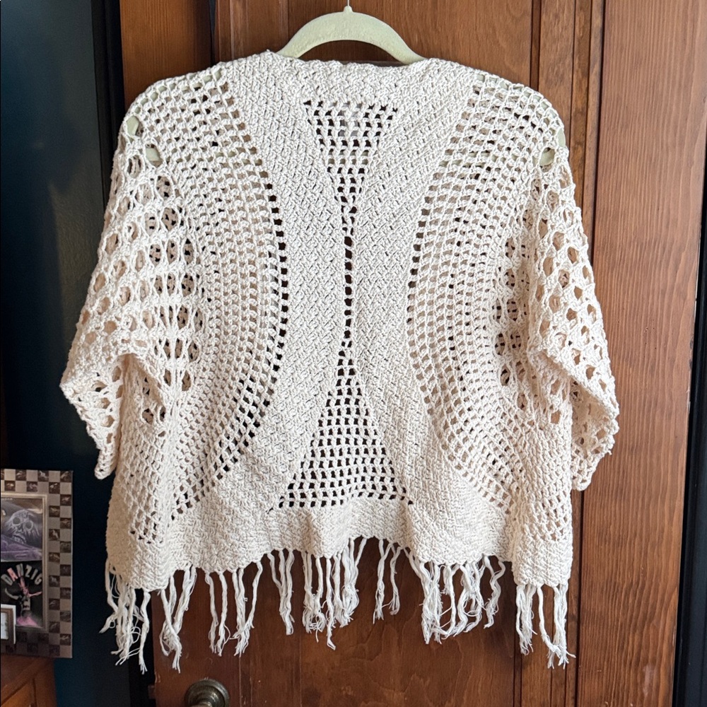Chico's Beige Cream Fringed Open-Knit Crochet Cardigan 1 M Medium - Picture 2 of 3